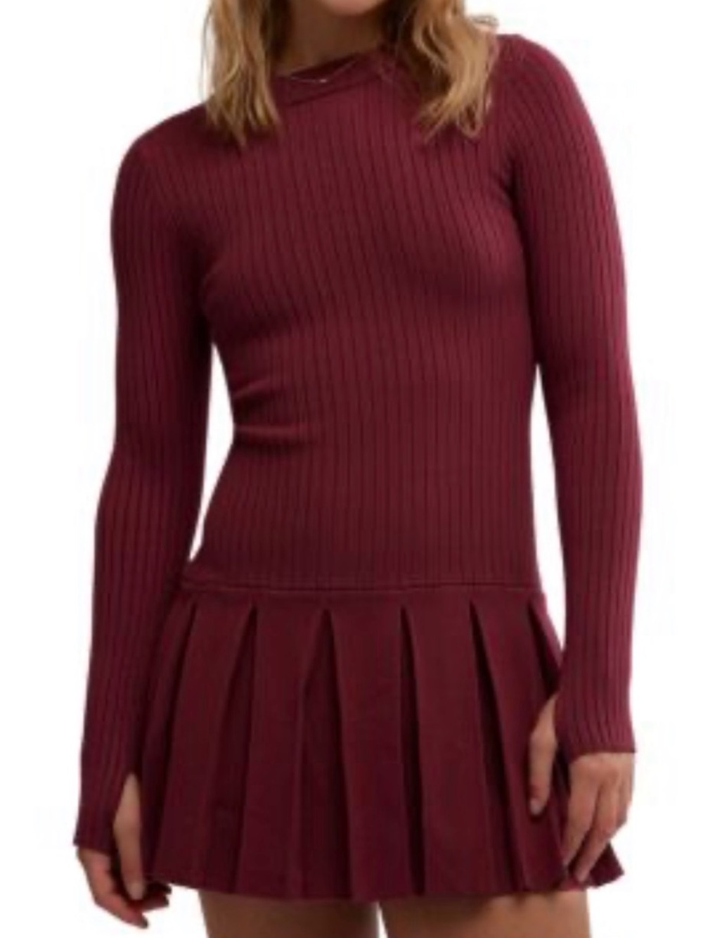 Free People Long-Sleeve Ribbed Pleated Mini Sweater Dress in Brick Red